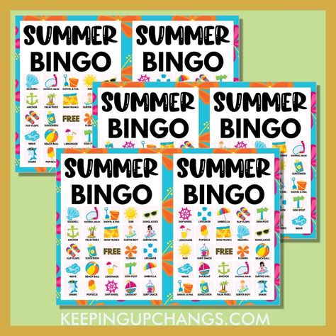 Beach Summer Bingo Pictures & Words (5x5 & 4x4 Grid) [FREE Printables!] Summer Bingo Printable Free, Bingo Printable Free, Bingo Pictures, Beach Bingo, Wedding Gathering, Beach Party Games, Summer Bingo, Free Printable Bingo Cards, Umbrella Beach