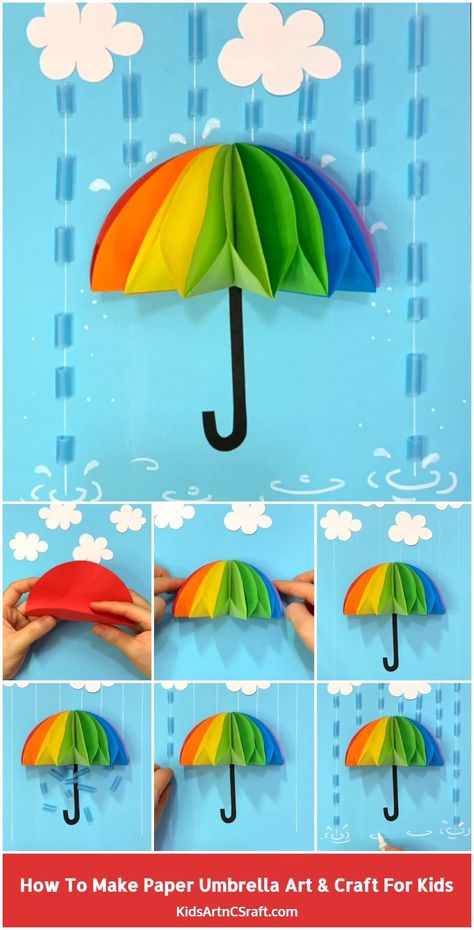 How to Make Paper Umbrella Craft for Kids – Step by Step Tutorial - Kids Art & Craft Kids Umbrella Craft, Crafting Activities, Kids Umbrella, Umbrella Craft, Paper Umbrella, Umbrella Decorations, Kids Umbrellas, Rainy Day Crafts, Paper Umbrellas