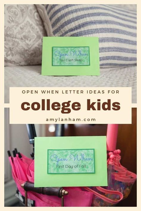 The most common question I get is about open when letters for a significant other, but the second most common is open when letter ideas for college kids. Open When You Can't Sleep, Inside Open When Letters, Open When Letter Ideas, Open When Letters Topics, College Daughter, Open When Cards, College Student Care Package, Open When Envelopes, College Letters