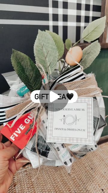 Kaycee Greer on Instagram: "You Deserve A Break! Dinner & Dishes On Us🍽️This just because gift idea is easily put together & is sure to be a hit! This gift tag pairs perfectly with a gift card for a restaurant or a homemade meal. Happy Gifting 🖤

Like this post & be sure to follow along. Comment Dinner for the link to be sent to you. The links can also be found in my LTK. 
.
.
.
#gift #gifts #giftideas #giftidea #gifttag #gifttags #dinneronus #dinnertime #dinnertonight #dinneridea #dinnerspecial #dinneridea #dinnerideas #dinnerisserved #dinnerathome #homemademeal #dinnerinspiration #dinnerprep #dinnerout" Dinner In A Basket Gift, Restaurant Gift Card Basket Ideas, Gift Card Basket, Dinner Gifts, Restaurant Gift Cards, Dinner At Home, Dinner Inspiration, Special Dinner, Entertaining Ideas