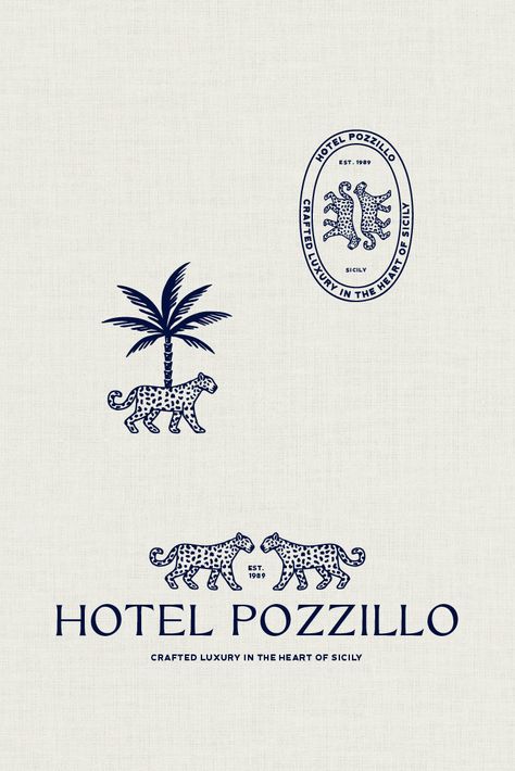 Logo suite for a luxury hotel, with leopard and palm tree illustration and text 'Hotel Pozzillo' Logo Design Luxury Elegant, Luxury Brand Illustration, Brand Trends 2023, Line Branding Design, Luxury Brand Logo Ideas, Upscale Logo Design, Elegant Brand Identity Design, Luxury Blue Branding, Palm Beach Branding