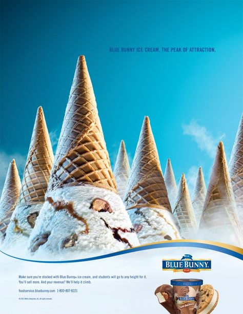 The Peak of Attraction Ad // Blue Bunny Foodservice // Designed by Marlin Collage Ads, Bunny Ice Cream, Blue Bunny Ice Cream, Ice Cream Poster, Creative Advertising Design, 광고 디자인, Food Advertising, Street Marketing, Food Graphic Design