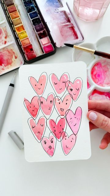 Watercolor Creative Ideas, Diy Cards For Valentines Day, Cute Watercolor Paintings For Boyfriend, Cute Doodles Watercolor, Doodles With Watercolor, Paint Card Crafts, Watercolor Cards Diy Simple, Watercolor Art For Cards, Quick Easy Watercolor Ideas