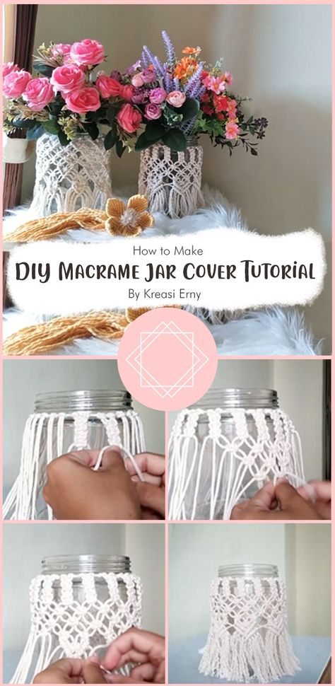 Use these free instructions to create a simple yet elegant vase cover! The best part about this project is that it only requires minimal supplies and tools – so anyone can make it! Macrame Vase Cover Tutorial, Macrame Vase Diy, Macrame Jar Cover Diy, Macrame Vase Cover, Macrame Bottle Cover, Macrame Jar Cover, Thread Pictures, Macrame Vase, Vase Cover