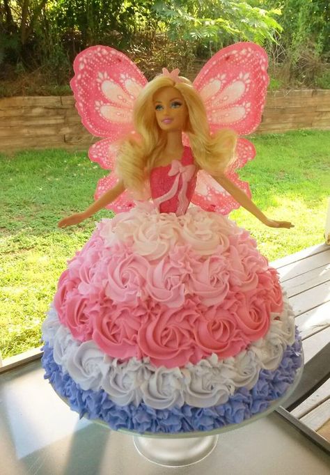 Fairy Barbie Birthday Party, Butterfly Barbie Cake, Barbie Fairy Birthday Party, Barbie Birthday Cake With Doll, Barbie In Cake, Fairy Doll Cake, Barbie Cake 6th Birthday, Barbie Dress Cake Tutorial, Barbie Cake With Doll