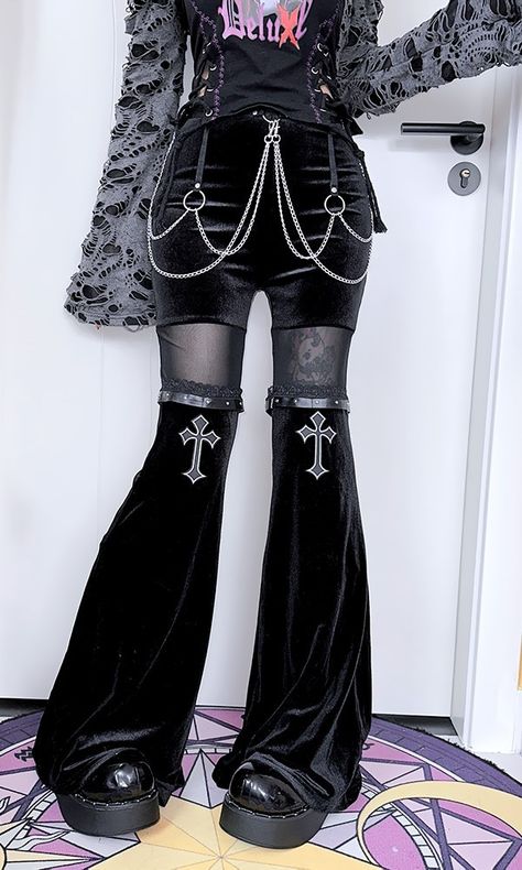 Goth Leg Warmers Outfit, Taobao Brands, Gothic Trousers, Oc Style, Cross Pants, Velvet Pant, Gothic Pants, Velvet Flare Pants, Alt Clothes