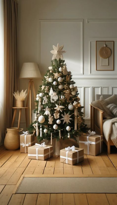 Scandinavian Tree Decorations, Rustic White Christmas Tree Ideas, Christmas Tree Scandinavian Style, Scandinavian Christmas Decor Ideas, Minimalist Christmas Tree Ideas, Christmas Scandinavian Style, Elegant Christmas Tree Decorations, Scandinavian Christmas Trees, Christmas Tree Decorating Ideas