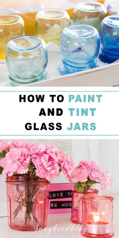 Tinting Glass, Glass Jars Diy, Crafts With Glass Jars, Painting Glass Jars, Colored Mason Jars, Glass Bottle Diy, Diy Glass Bottle Crafts, Diy Jar Crafts, Mason Jar Crafts Diy