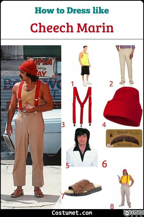 Cheech costume is a yellow sando top, red suspenders and matching beanie, khaki pants, and open-toed leather footwear. Chong costume is a long sleeved denim top and distressed jeans with brown shoes, eyeglasses and a red bandana.           #Male #male #funny #tv #couple #duo #teen #80s #personality #hippie #CheechandChong Balayage, 80s Suspenders Outfit, Chic And Chong, Cheech And Chong Costumes Couples, Cheech And Chong Costume, Cheech And Chong Costumes, Sando Top, Male Halloween Costumes, Beard Halloween Costumes