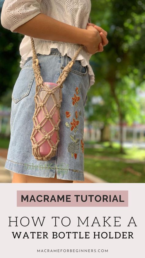 Macrame Water Bottle Holder Tutorial, Water Bottle Macrame, Macrame Wine Bottle Holder Diy, Macrame Bottle Holder Tutorial, Macrame Water Bottle Holder Diy, Diy Water Bottle Holder, Wine Bottle Holder Diy, Functional Macrame, Macrame Water Bottle Holder