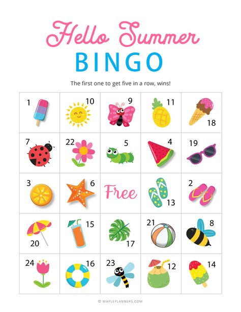 Make your summer fun filled with these free printable Hello Summer Bingo cards. These colorful bingo care are so much fun to play. #summerbingo #freeprintable #bingogame #kidsactivities Bingo Printable Free, Summer Bingo, Free Printable Bingo Cards, Bingo Card Template, Bingo Games For Kids, Free Bingo Cards, Bingo For Kids, Printable Games For Kids, Bingo Template