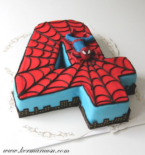 Spiderman Party Ideas | Spiderman Birthday Cake Spider Man Party, Cake Gif, Spiderman Birthday Cake, Spiderman Birthday Party, 4th Birthday Cakes, Number Four, Superhero Cake, Spiderman Cake, Mens Birthday Party