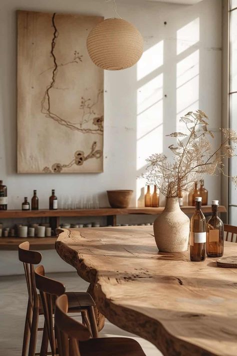 sustainable interior design, organic interiors, Earthy Dining Room, Wabi Sabi Dining Table, Japandi Dining Room Design, Wabi Sabi Dining, Japandi Dining Room, Africa Aesthetic, Barn Cafe, Organic Modern Dining Room, Japandi Furniture