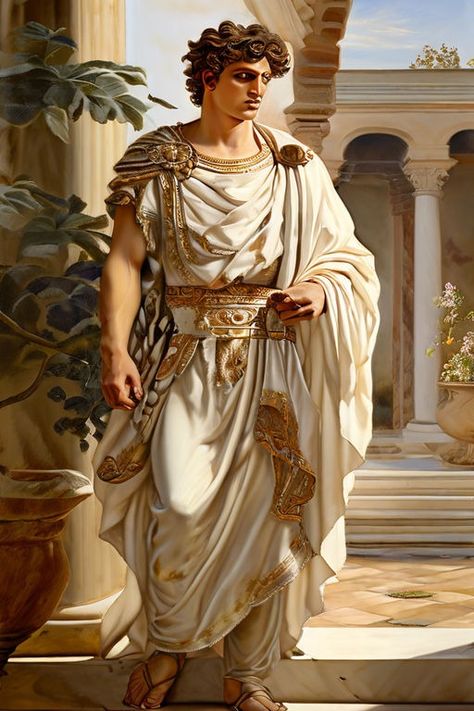 Emperor Elagabalus standing regally in a Roman courtyard by Sagar Rathod - Playground Roman Emperor Aesthetic, Roman Emperor Art, Roman Royalty, Roman Courtyard, Culture Textiles, Ancient Rome Fashion, Roman Aesthetic, Rome Fashion, Rome Art