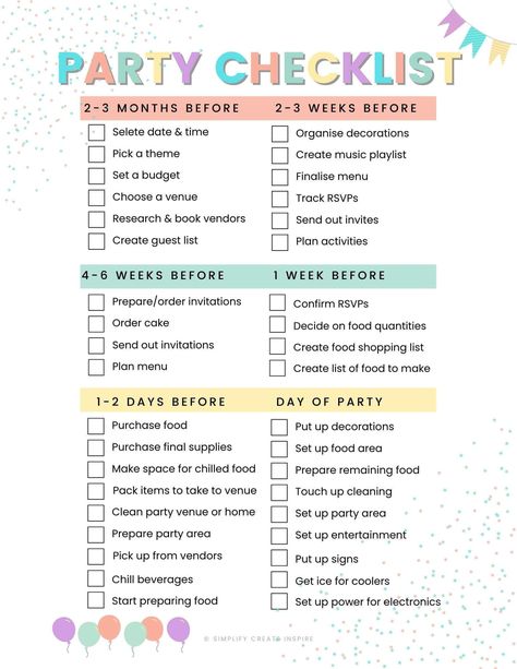 Things To Have At Your Birthday Party, Steps To Planning A Birthday Party, How To Decide Who To Invite To A Birthday Party, 2nd Birthday Party Checklist, Party Supply List Checklist, Simple Cheap Birthday Party Ideas, Birthday Planing Ideas, How To Set Up A Birthday Party, How To Plan Birthday Party