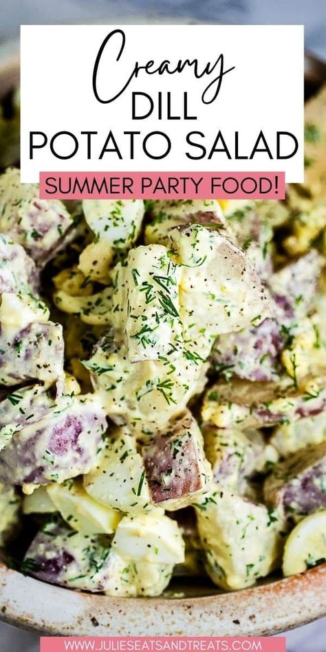 It's not a summer backyard party without Potato Salad! This creamy Dill Potato Salad is a delicious twist on the traditional version. Essen, Summer Backyard Party, Summer Party Food, Homemade Macaroni Salad, Dill Potato Salad, Dill Potato, Potato Salad Dill, Best Potato Salad Recipe, Dill Potatoes