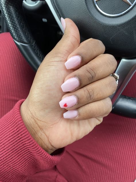 Coffin Small Nails, Valentine’s Day Nails Coffin Short, Valentines Day Nails Pink With Red Heart, Small Design On Nails, Valentines Nails Short Coffin, Small Pink Heart Nails, Pink Nails With White Heart On Ring Finger, Valentines Day Nails Heart On Ring Finger, Pink Heart On Nails