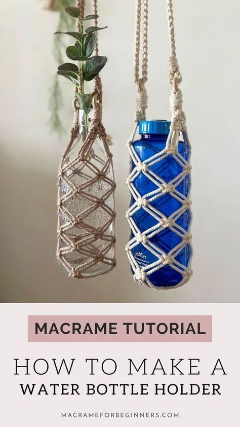 Wine Bottle Macrame Diy, Diy Macrame Wine Bottle Holder, Macrame Bottle Holder Free Pattern, Makrame Bottle Holder, Water Bottle Holder Macrame, Water Bottle Strap Diy, Diy Macrame Bottle Holder, Macrame Bottle Hanger, Macrame Bottle Holder Diy