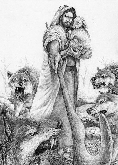 Love this picture of Jesus protecting the lamb from the wolves. We all are the lamb at times and Jesus is always with us no matter what protecting us and holding us his arms through the hard times and good times!💛✝️🙏🏻 Tato Salib, Jesus Drawings, Pictures Of Christ, Jesus Christ Art, Prophetic Art, Pictures Of Jesus Christ, Ayat Alkitab, Jesus Christ Images, Biblical Art