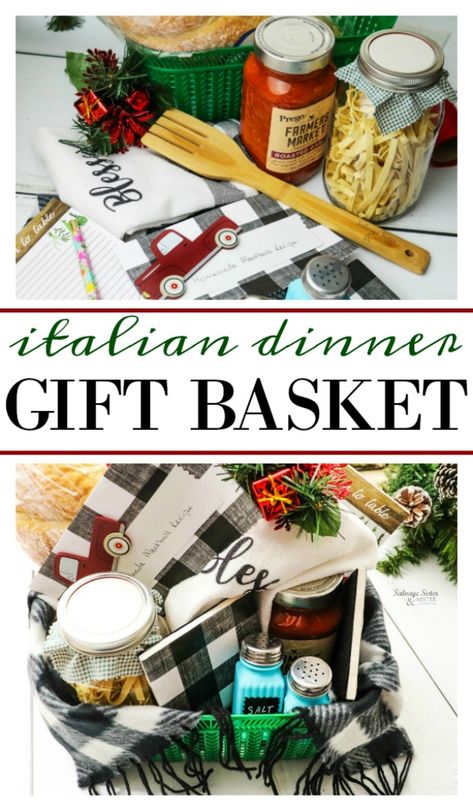 Italian Housewarming Basket, Gift Dinner Ideas, Italian Pasta Gift Basket Ideas, Pasta Dinner Gift Basket, Pasta Night Gift Basket, Recipe Gift Basket Ideas, Spaghetti Basket Ideas, Italian Dinner Basket Ideas, Pasta Themed Gift Basket