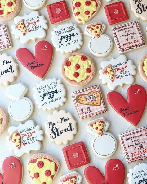 Pizza My Heart Cookies, Pizza Couples Shower Theme, Pizza Engagement Party Decor, Engagement Party Pizza Theme, Love And Pizza Engagement Party, Bridal Shower Pizza Theme, Pizza Party Bridal Shower Decorations, Pizza Wedding Shower Ideas, Pizza Sugar Cookies Decorated