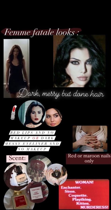 Femme fatale aesthetic rules Feme Fatale Nails, Classy Femme Fatale Aesthetic, Femme Fatale Captions, Femme Fatale Outfits Aesthetic, 9 Types Of Men Femme Fatale, Fem Fatale Aesthetic Outfit, Feminine Fatale Aesthetic, How To Become A Femme Fatale, Femme Fatale Room Aesthetic