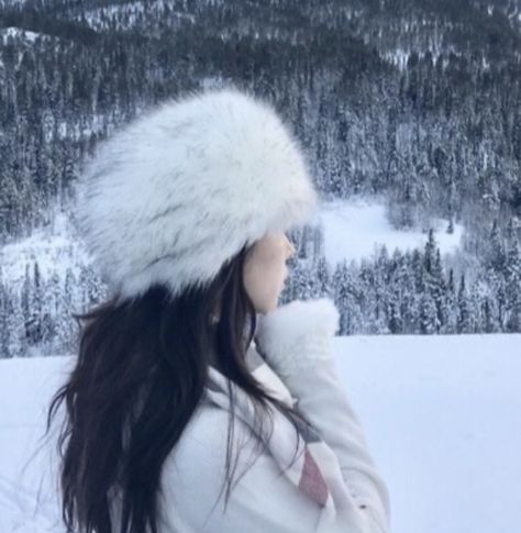 not mine !! full creds to original owner !! Long Hair, Hair, Trees, Fur Hat, White Coat, Winter Aesthetic, The Snow, A Woman, White