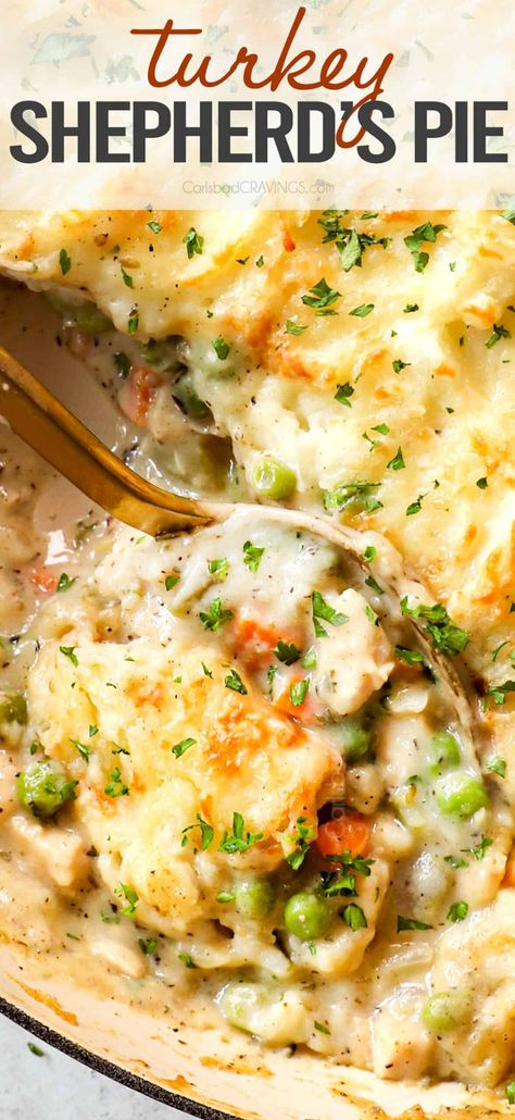 Turkey Shepherd's Pie - Carlsbad Cravings Turkey Shepherds Pie Recipe, Turkey Shepherd's Pie, Turkey Shepherds Pie, Turkey Pot Pie Recipe, Cooked Potatoes, Turkey Pie, Holiday Leftovers, Turkey Casserole, Family Dishes