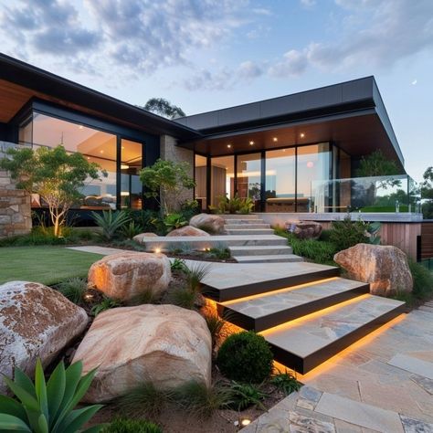 Front Yard Landscaping Ideas with Rocks and Mulch: Enhance Your Garden's Appeal | Constructionify House Garden Design Landscapes, Fromt Yard Landscape, House Front Landscaping Ideas, Front Yard Stairs, Nice Garden Ideas, Natural Front Yard, Front Yard Landscaping Modern, Hardscape Ideas Backyard, Garden Design Home