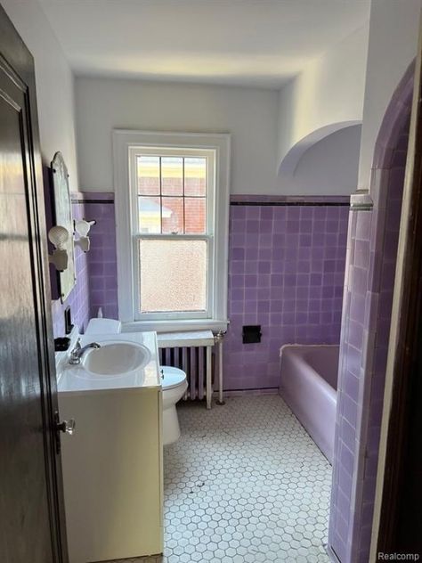 Lavender Tile Bathroom, 1920 Bathroom, Lavender Tile, Moody Victorian, Lavender Bathroom, Purple Tile, Purple Bathroom, Tiled Bathroom, New House Bathroom