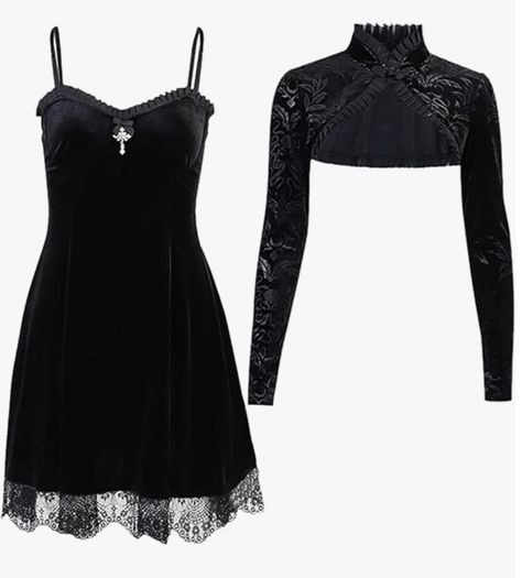 Black Velvet Dress with Lace and Cropped Over Shirt Goth Dress Aesthetic, Alt Dresses, Black Goth Dress, Grunge Dresses, Goth Dresses, Gothic Summer, Chic Bodycon Dress, Harajuku Dress, Edgy Dress