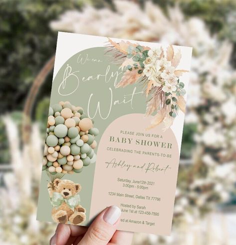 Sage Green Baby Shower, Gold Baby Shower Decorations, Green Baby Shower Invitations, Invitaciones Baby Shower, Teddy Bear Baby Shower Invitations, Bear Baby Shower Theme, Surprise Baby Shower, Idee Babyshower, Green Baby Shower