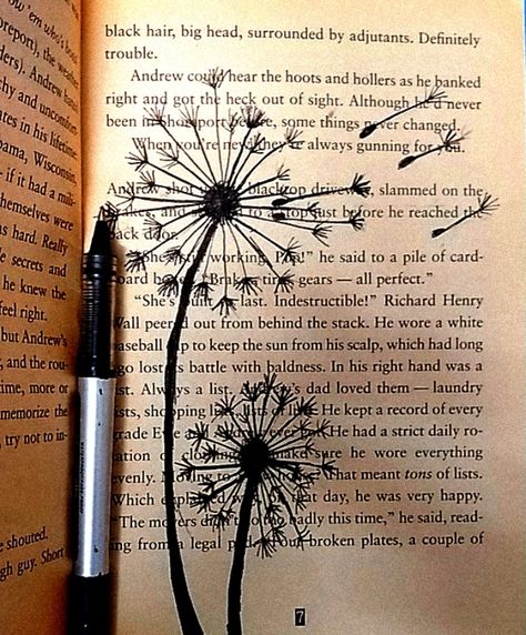 Blown dandelion flowers have been depicted on a page of an old vintage book. It is an effortless and easy doodle that looks both aesthetic and beautiful. Book Pages Aesthetic Wall, What To Do With Book Pages, Sketches On Book Pages, Drawing On Old Book Pages, Drawings In Books Pages, Crafts To Do With Book Pages, Painted Book Pages, Dandelion Aesthetic Art, Drawings On Book Pages