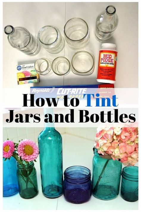 Are you ready for another beautiful D.I.Y. craft? Try this astonishing D.I.Y. tinted bottles and jars. Turn those old and unused bottles and jars into attractive home decor pieces. With just plain bottles and jars, you can make lovely tinted Jars And Bottles, Diy Jar Crafts, Wine Bottle Art, Mason Jar Crafts Diy, Wine Bottle Diy, Altered Bottles, Glass Bottle Crafts, Jar Diy, Diy Glass