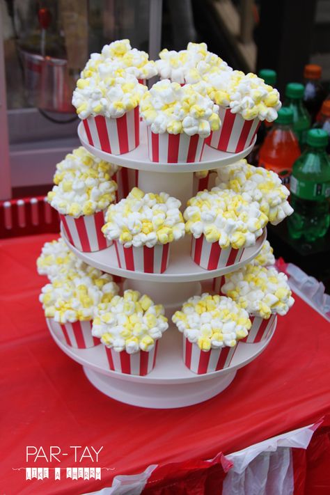 Circus birthday party feature Adult Circus Theme Party, Drive In Movie Party, Popcorn Cupcakes, Circus Birthday Party Theme, Party Popcorn, Carnival Birthday Party Theme, Movie Night Birthday Party, Movie Birthday Party, Movie Themed Party