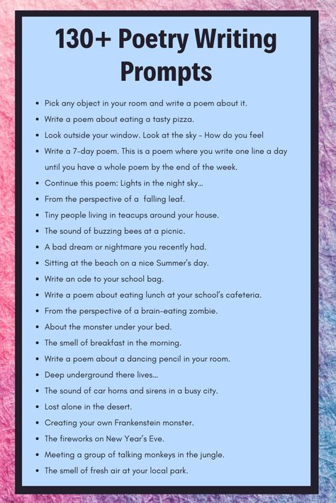 Collection of over 130 poetry writing prompts for middle school students and even grown-ups. See our master list of poetry prompts now. Poems Ideas Aesthetic, Prompt Writing Ideas, How To Make A Poem Ideas, Creative Poetry Prompts, Poems Writing Ideas, Write About Yourself Ideas, How To Write A Poetry, Writing Challenge Poetry, Writing Poems Challenge