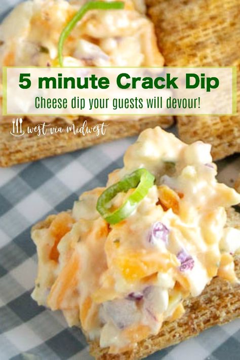 This 5 minute crack dip comes together in 5 minutes and is perfect for serving with crackers.  Ideal for pool side snacking, game day snacking or just to serve with cocktails! #dip #cheesespread #cheesedip #crackdip via @westviamidwest Cold Dip Recipes, Dip Easy, Healthy Superbowl Snacks, Appetizers Easy Finger Food, Best Appetizer Recipes, Mini Sandwiches, Lake Food Ideas, Dip Recipes Easy, Finger Foods Easy