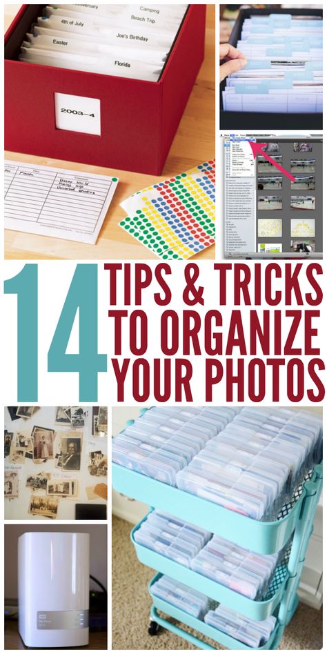 14 Simple Tips and Tricks to Organize Your Photos How To Organize Pictures Storage, Organize Printed Photos, How To Organize Pictures, Picture Storage Ideas Organizing, How To Organize Printed Photos, Declutter Pictures, How To Organize Photos Storage Boxes, How To Store Old Photos, Photo Boxes Ideas Storage