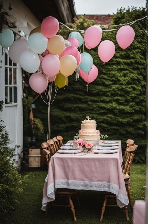 Celebrate in the whimsy of a garden birthday party, where pastel balloons float gently above a rustic wooden table set with elegance. A towering cake takes center stage, adorned with delicate blooms matching the soft tablecloth hue. This intimate affair is perfect for creating memories amidst the serenity of nature. #GardenParty #PastelBalloons #RusticElegance #BirthdayCake #FloralTouches #IntimateCelebration #OutdoorBirthday #PastelParty Pastel, Intimate Birthday, Birthday Soiree, Garden Birthday Party, Rustic Wooden Table, Pastel Balloons, Garden Birthday, Creating Memories, Balloon Bouquet