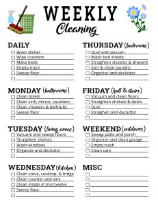 Printable Cleaning Schedule (Spring, Daily, & Weekly Checklists) – DIY Projects, Patterns, Monograms, Designs, Templates Spring Cleaning Schedule Free Printable, Routine Cleaning Schedule, Daily Cleaning Chart Printable, Monthly Deep Cleaning Schedule Free Printable, Cleaning Daily Weekly Monthly, Everyday Chores Daily Cleaning, Weekly Household Cleaning Schedule, Days Of The Week Cleaning Schedule, Family Cleaning Schedule Charts Weekly Chores