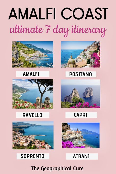 Pinterest pin for one week in Amalfi Almafi Coast Italy, Amalfi Coast Travel Guide, Amalfi Coast Itinerary, Italy Trip Planning, Island Of Capri, Amalfi Coast Travel, Italy Honeymoon, Italian Vacation, Italy Itinerary