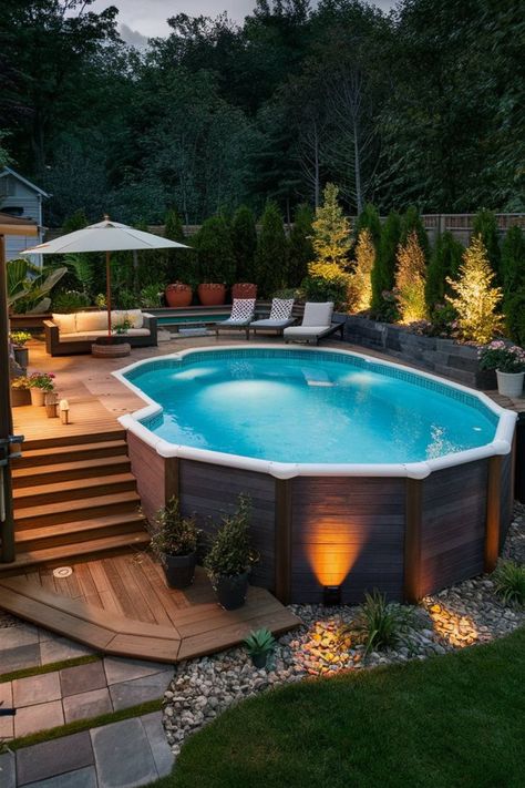 Get inspired by these 20 stunning above ground pool ideas that will elevate your backyard to new heights. #StunningPools #AboveGroundPool #BackyardDesign Wooden Pool, Hot Tub Landscaping, Pool Deck Plans, Best Above Ground Pool, Ground Pool Ideas, Above Ground Pool Ideas, Wooden Deck, Hot Tub Backyard, Above Ground Pool Landscaping