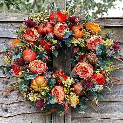 PRICES MAY VARY. 【Fall Wreath Decorations for Home】If you are looking for a beautiful and rustic front door fall wreath that will be appreciated by neighbors and visitors for the coming fall, Halloween or Thanksgiving, it will be your best choice! Beautifully bright pumpkins, maple leaves, roses, berries and twigs bring a rich fall vibe to your front door, farmhouse and home! Welcome to your harvest season! 【Excellent Material】 Fall Peony and Pumpkin Wreath is Made of high quality material, dura Pumpkin Door Hanger, Pumpkin Door, Harvest Wreath, Door Wreaths Fall, Year Round Wreath, Round Wreath, Front Entrance, Fall Door, Thanksgiving Wreaths