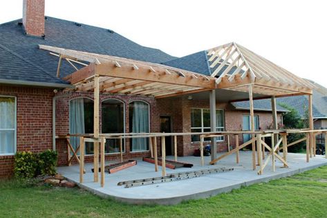 Covered Patio Tied Into Roof, Added Roof To Patio, How To Tie In A Porch Roof, Patio Cover Over Roof, Patio Covered Ideas, Add On Back Porch, Covered Porch Roof Lines, Overhang Roof Ideas Patio, Porch Roof Framing