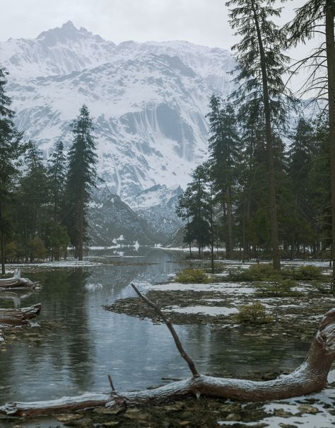 ArtStation - Rocky Mountain Stream Nature, Rocky Mountain Gothic, Cold Mountain Aesthetic, Winter Mountains Aesthetic, Snowy Mountain Castle, Rocky Mountain Aesthetic, Mountain Snow Aesthetic, Snowy Landscape Photography, Mountain Village Aesthetic