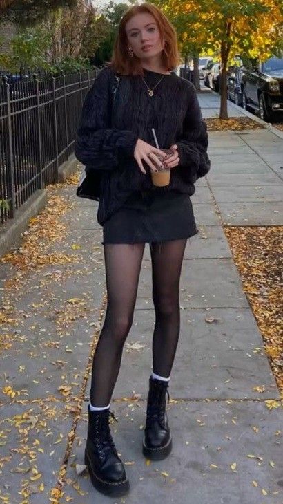 Black Tights Autumn Outfit, Short Skirts And Boots, Fall Outfits Black Tights, Sheer Black Tights Outfit Fall, Mini Skirt And Docs Outfit, Short Fall Skirts Outfit, Black Skirt Docs Outfit, Autumn Outfits With Tights, Mid Boots Outfit How To Wear