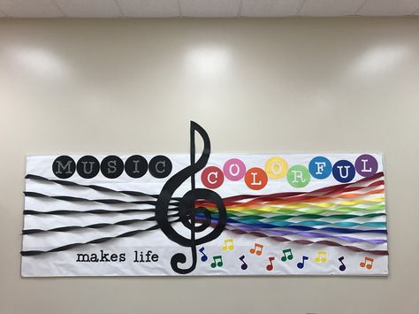 Elementary Music room bulletin board. "Music makes life colorful"  Bright, rainbow, cheerful colors. Perfect for music in our schools month & music advocacy! Music Room Bulletin Boards, Room Bulletin Board, Music Classroom Bulletin Boards, Choir Classroom, Music Bulletin Board, Elementary Music Room, Choir Room, Music Bulletin Boards, Art Bulletin Boards