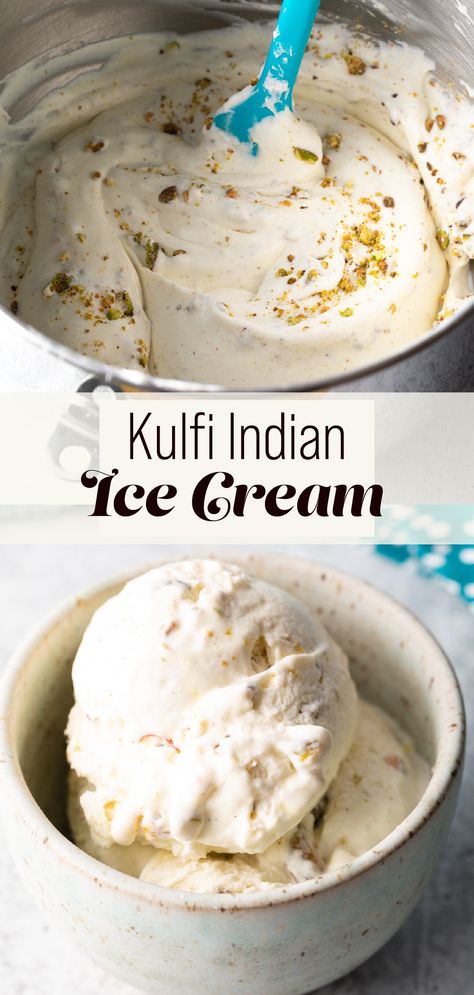 Kulfi Indian Ice Cream is one of the best desserts to try! An easy no-churn authentic kulfi ice cream recipe made with pistachios, cardamom, and a hint of saffron. Perfect to serve by the scoopful or enjoy as pistachio ice cream pops! Malai Ice Cream, Indian Pistachio Ice Cream, Curry Ice Cream, Coconut Kulfi Recipe, Saffron Ice Cream Recipe, Kulfi Ice Cream Recipes, Cardamom Dessert Recipes, Indian Ice Cream Recipes, India Deserts