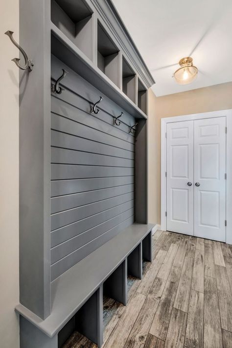 Narrow Hall Mudroom, Hall Mudroom Narrow, Mudroom Laundry Room Narrow, Narrow Entryway Closet Ideas, Mudroom Wall In Kitchen, Mud Room In Hallway, Locker Laundry Room, Narrow Breezeway Ideas, Narrow Mudroom Entryway