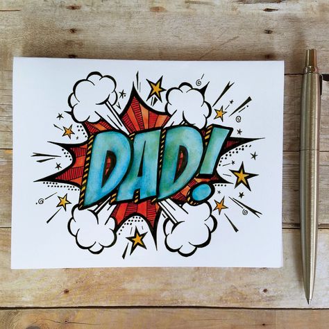 Dad! Card - Father's Day Card, Retro Comic Book Father's Day Card, Pop Art Father's Day Card, Thank You Dad, Superhero Dad Card Fathers Day Card Design Ideas, Fathers Day Illustration Art, Dads Day Card, Fathers Day Sketches, Fathers Day Drawings Ideas, Easy Fathers Day Cards, Father Day Drawing, Father's Day Drawing Ideas, Handmade Fathers Day Cards